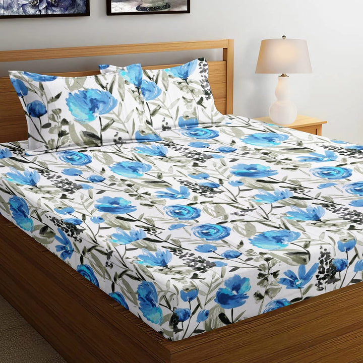 Soft Floral Print 144 TC Cotton Fitted Bedsheet In Blue At Best Prices