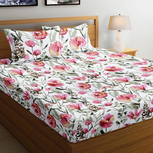 Soft Floral Print 144 TC Cotton Fitted Bedsheet In Magenta At Best Prices