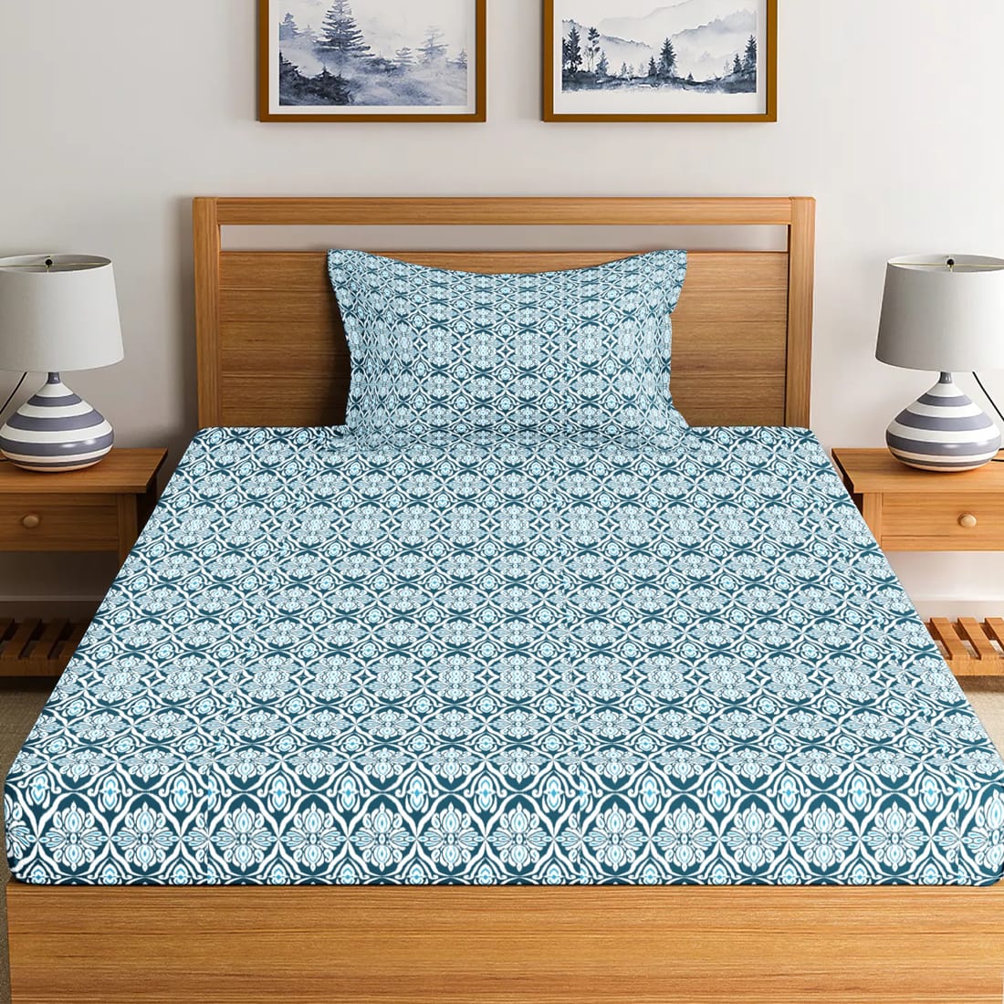 Soft Cotton Ikat Print 144 TC Fitted Bedsheet In Navy Blue At Best Prices