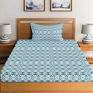 Soft Cotton Ikat Print 144 TC Fitted Bedsheet In Navy Blue At Best Prices