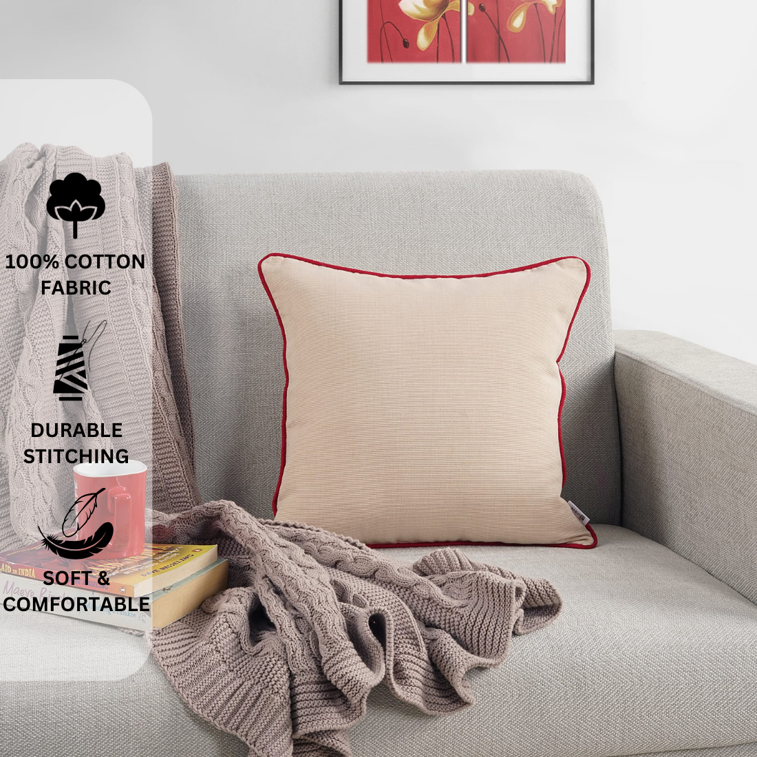 Woven Cotton Corded Stripe 1 Pc Cushion Cover - Beige