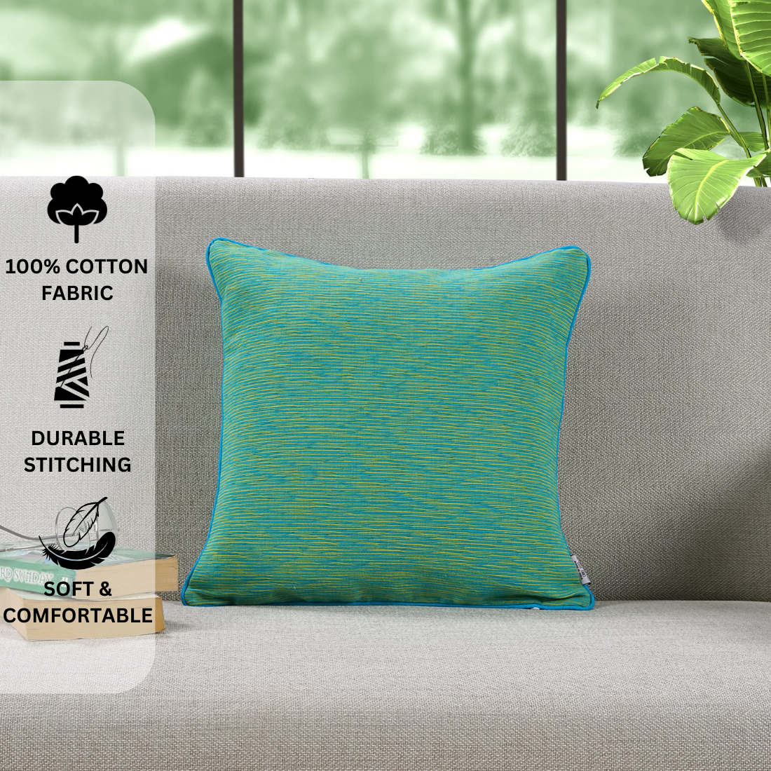 Woven Cotton Corded Stripe 1 Pc Cushion Cover - Blue & Green