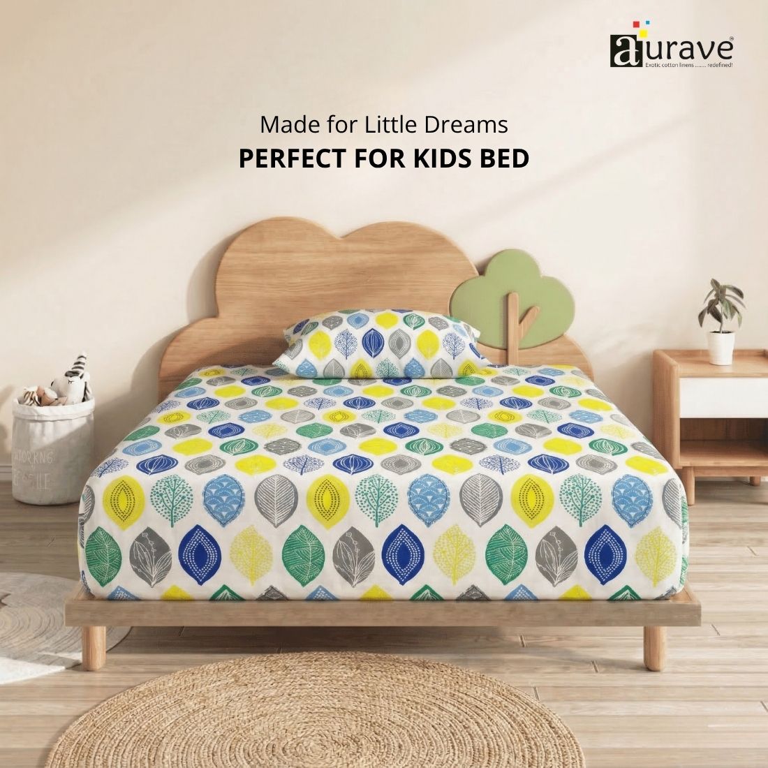 Kids single bedsheet 60x90 inches with multicolor leaf design, perfect fit 100% cotton fabric
