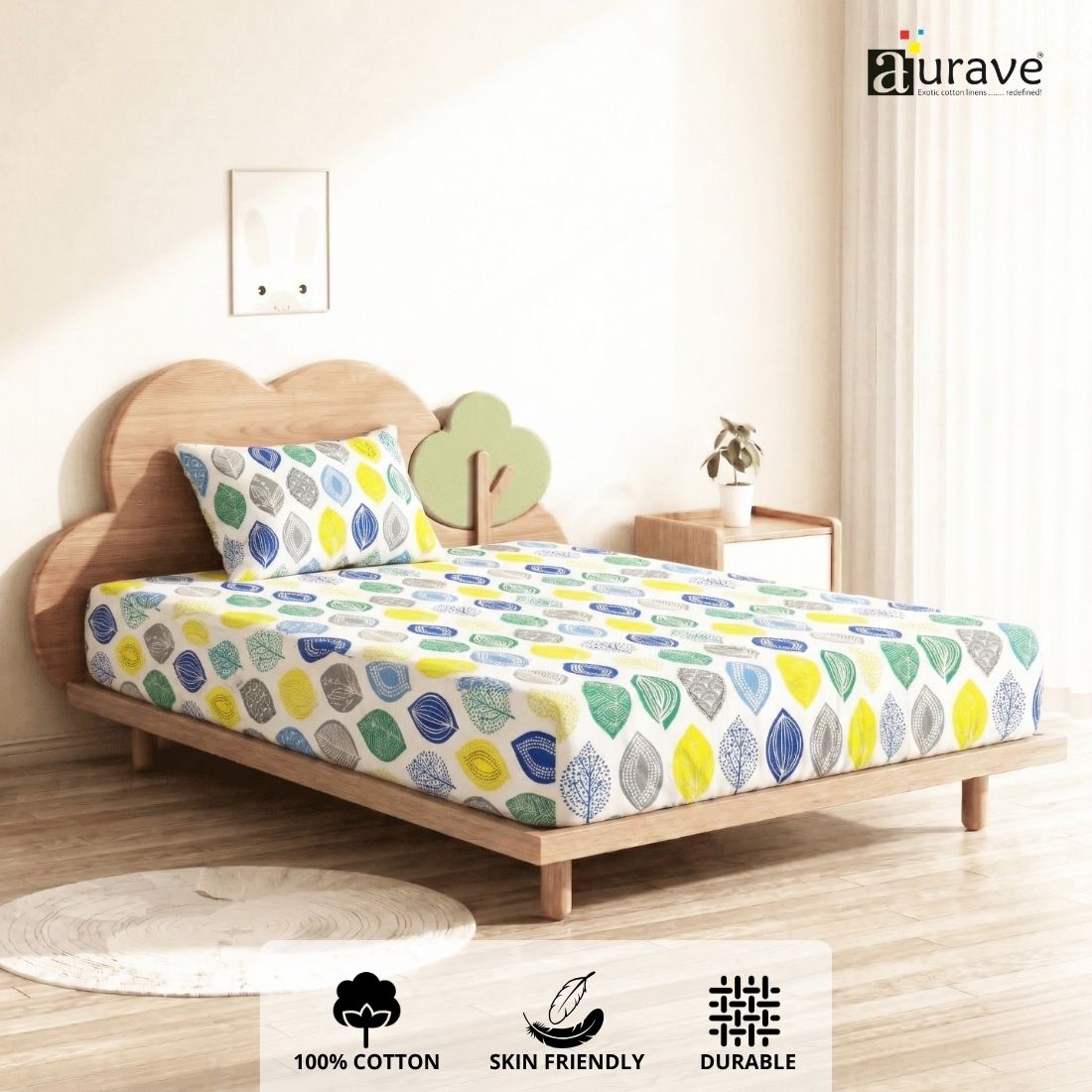 Kids bedroom cotton bedsheet 60x90 inches, breathable 100% cotton with modern leaf print