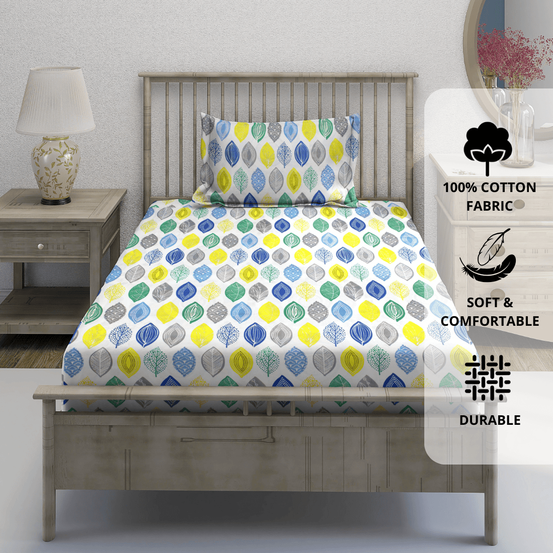 Digital Print Single Fitted Bedsheet with Pillow Covers for Kids, Blue