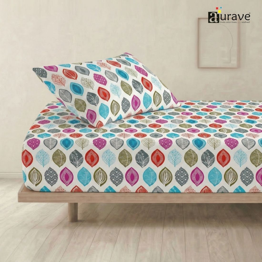 Single bed cotton bedsheet 60x90 inches with multicolor leaf print, 100% cotton soft breathable fabric