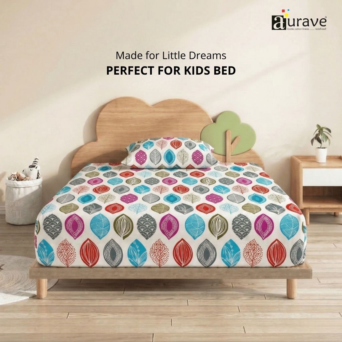 Kids single bedsheet 60x90 inches with colorful leaf design, perfect fit cotton bedsheet for kids bed
