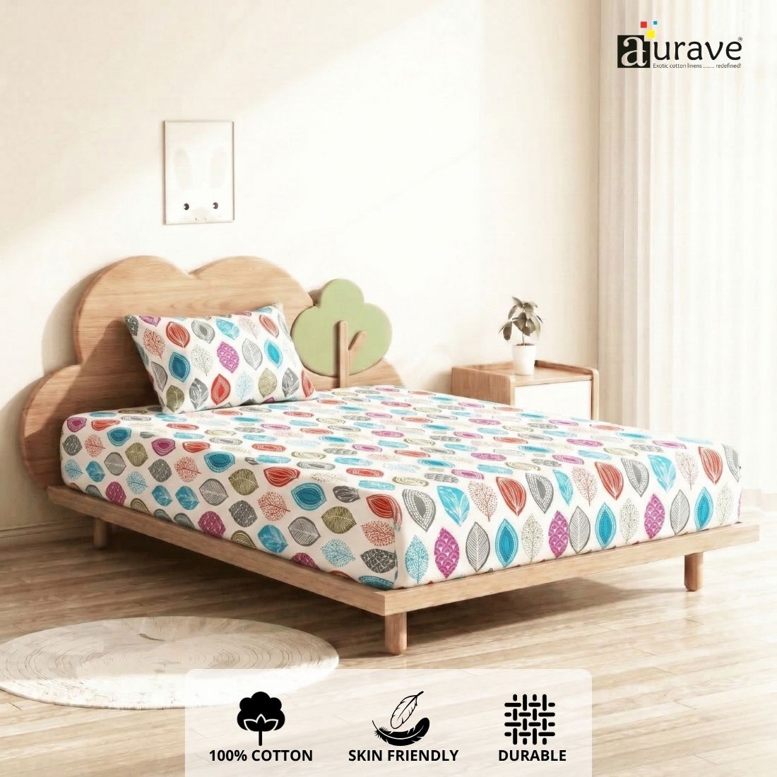 Kids bedroom setup with cotton bedsheet 60x90 inches, breathable fabric with colorful modern leaf design