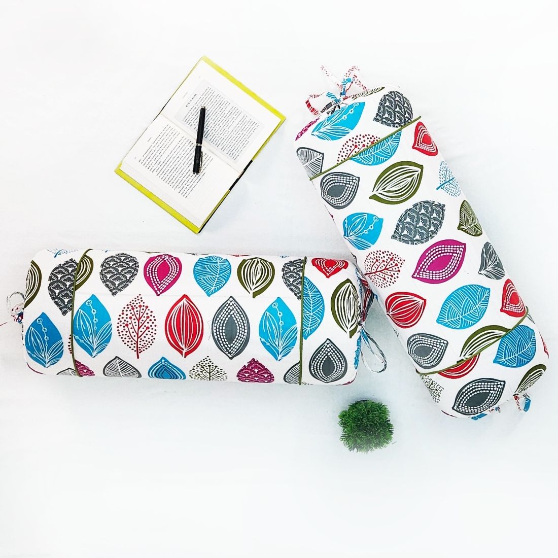 Printed Multicolor Feathers Cotton 2 Pcs Bolster Cover set - Orange