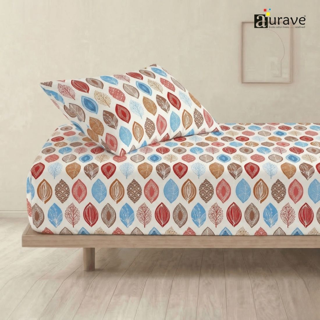 Single bed cotton bedsheet 60x90 inches with multicolor leaf print in red blue and brown tones, 100% cotton breathable fabric