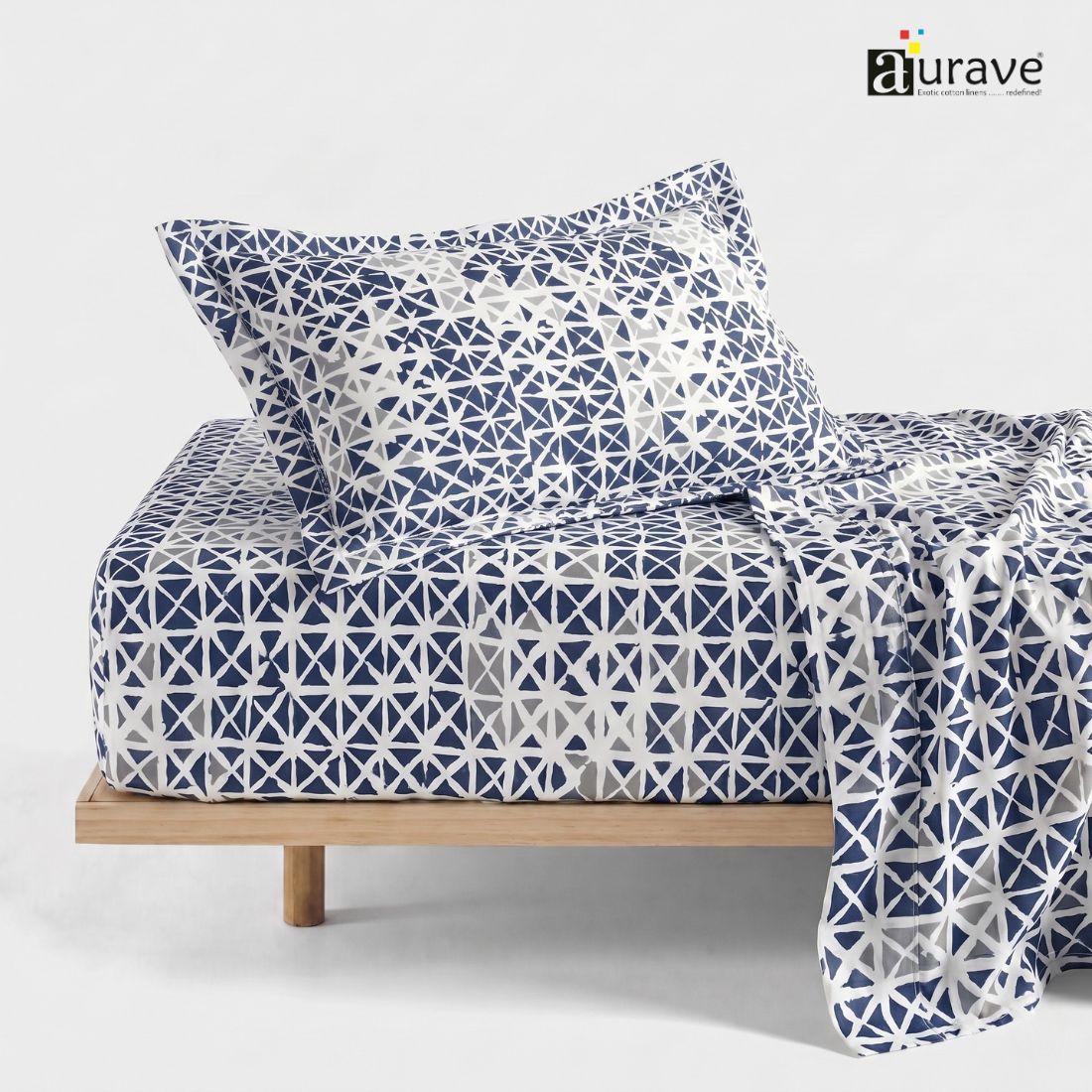 Printed Cotton Geometrical 144 TC Bedsheet with Pillow Covers - Blue