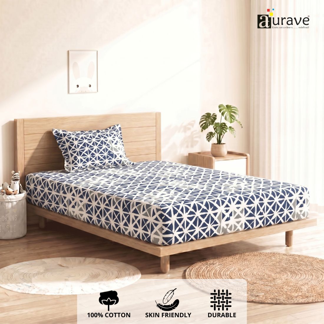 Printed Cotton Geometrical 144 TC Bedsheet with Pillow Covers - Blue