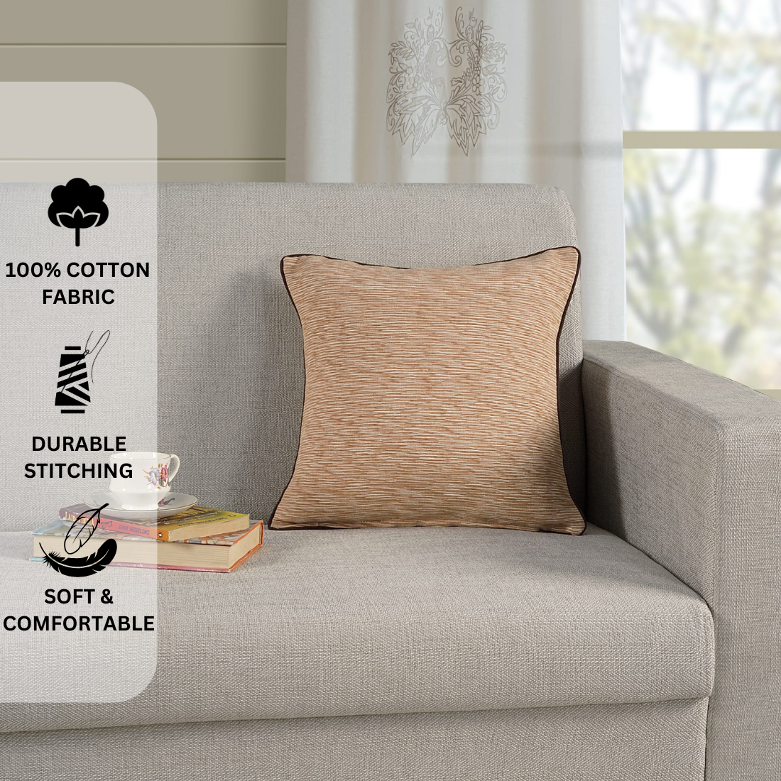 Woven Cotton Corded Stripe 1 Pc Cushion Cover - Beige & White