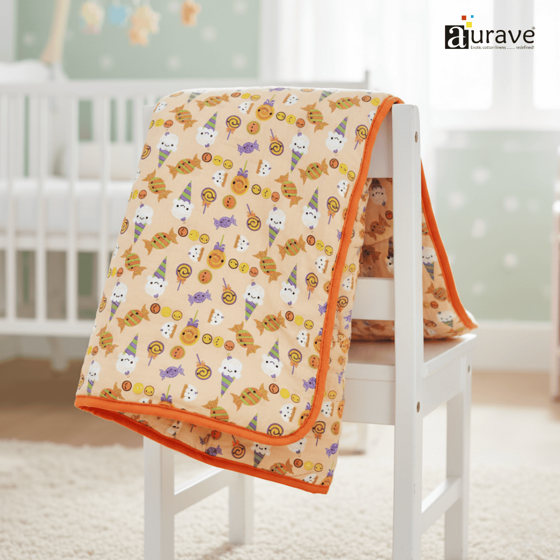Kids Reversible Cotton Dohar | Soft 3-Layer AC Blanket with Floral Print - Orange