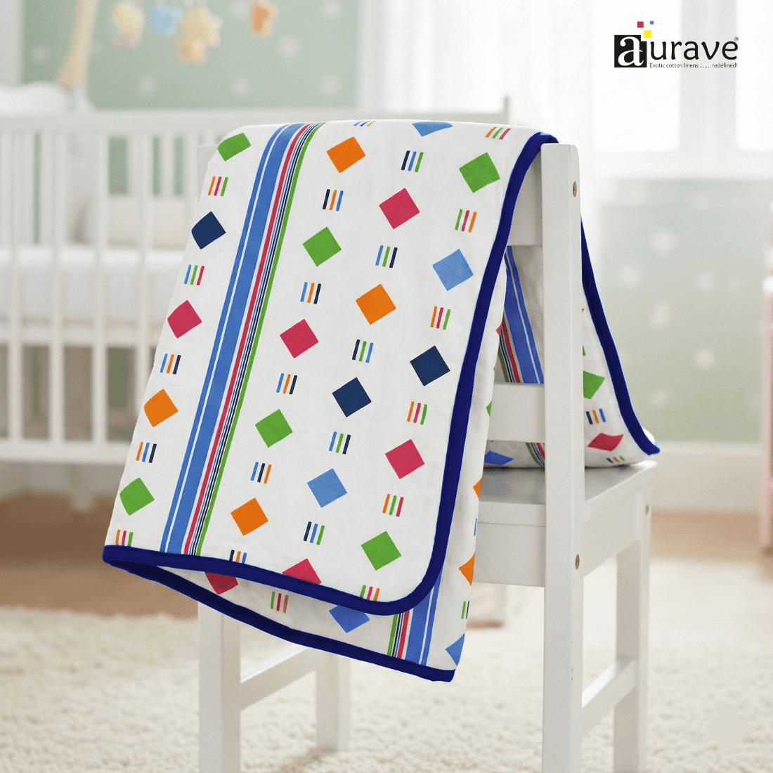 Kids Reversible Cotton Dohar | Soft 3-Layer AC Blanket with Geometrical Print - Blue