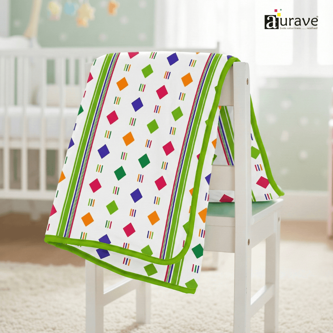 Kids Reversible Cotton Dohar | Soft 3-Layer AC Blanket with Geometrical Print - Green