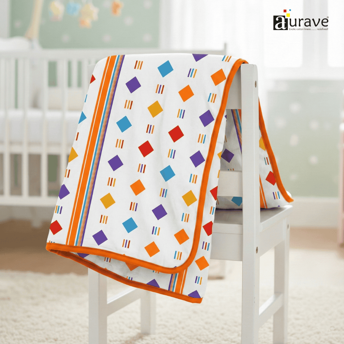 Kids Reversible Cotton Dohar | Soft 3-Layer AC Blanket with Geometrical Print - Orange