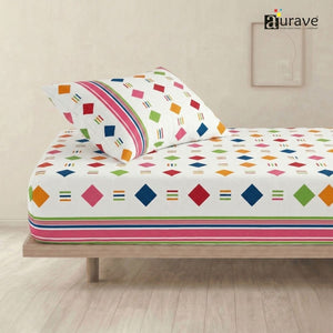 Single bed cotton bedsheet 60x90 inches with geometric diamond print and striped border, 100% cotton breathable fabric