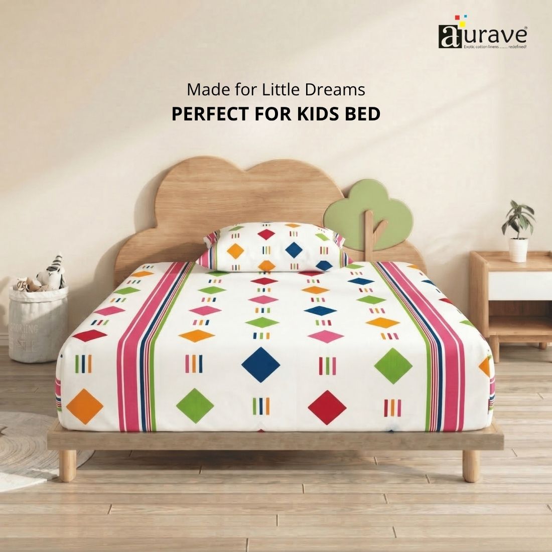 Kids single bedsheet 60x90 inches with colorful diamond pattern and stripe design, perfect fit cotton bedsheet