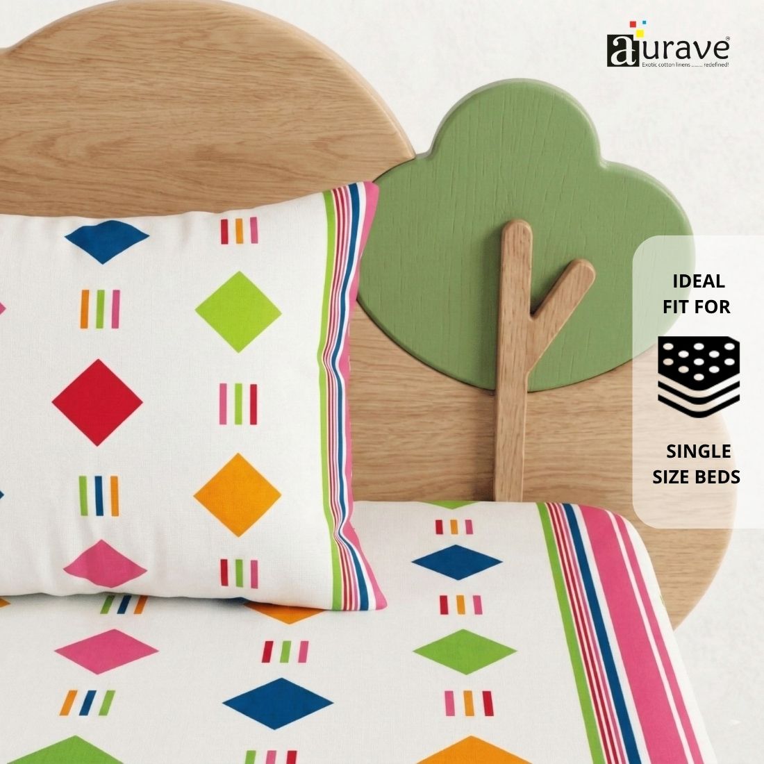 Single bed cotton bedsheet 60x90 with matching pillow cover, geometric print ideal for kids bed