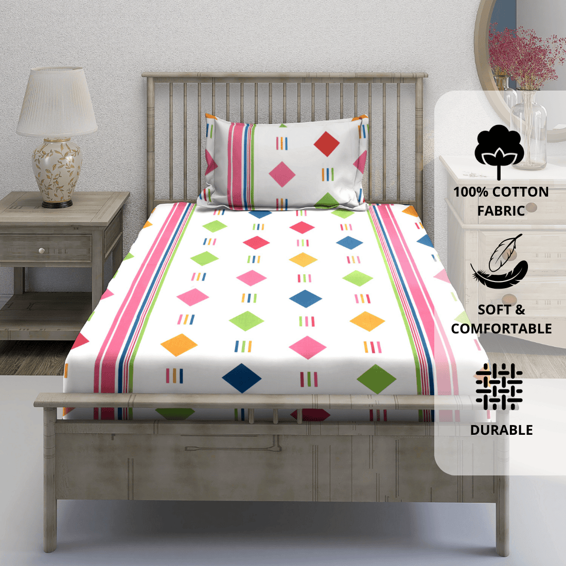 Digital Print Single Fitted Bedsheet for Kids with Pillow Covers - Pink