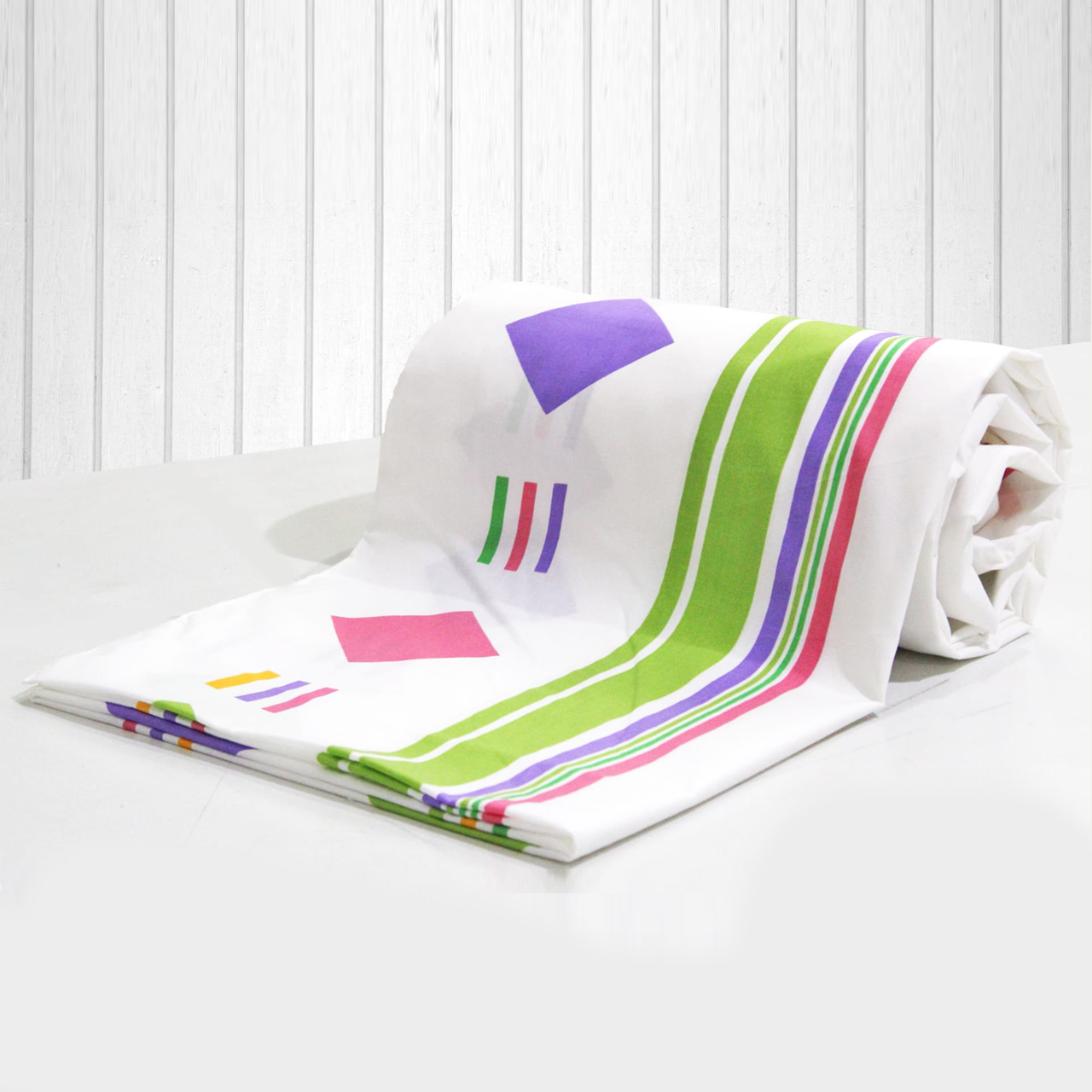 Printed Green Stripes Geometrical Squares Cotton Duvet Cover with Zipper