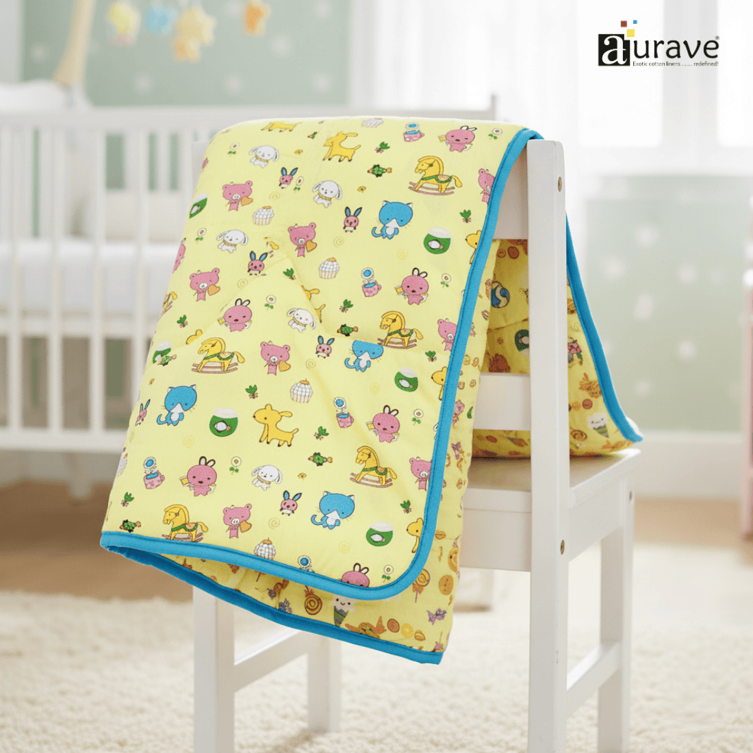 Kids Reversible Cotton Dohar | Soft 3-Layer AC Blanket with Floral Print - Yellow
