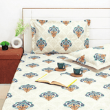 Printed Damask Cotton 144 TC Fitted Bedsheet with Pillow Covers - Blue