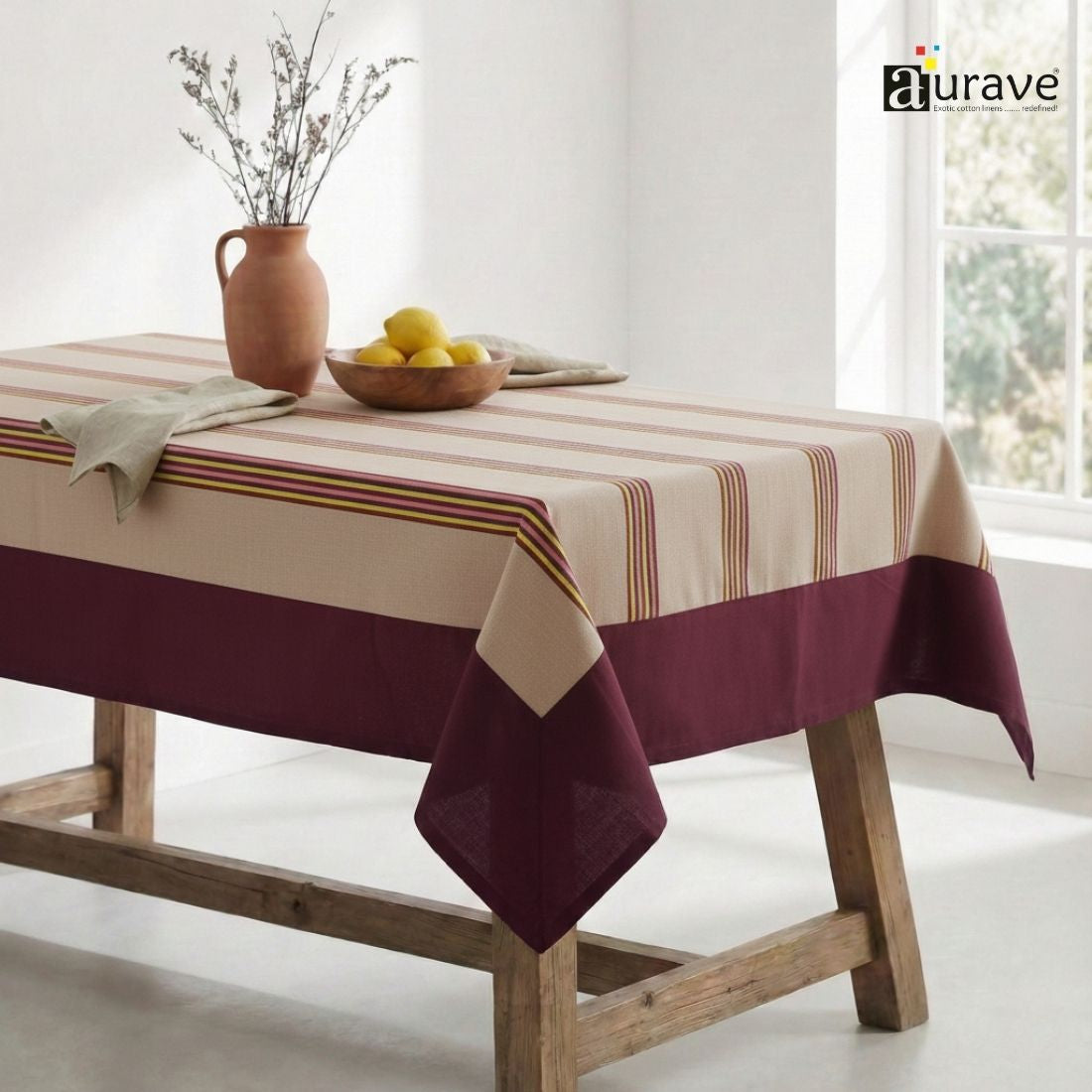 ALPHA Woven Cotton Stripes 1 Pc Table Cover - ROSE