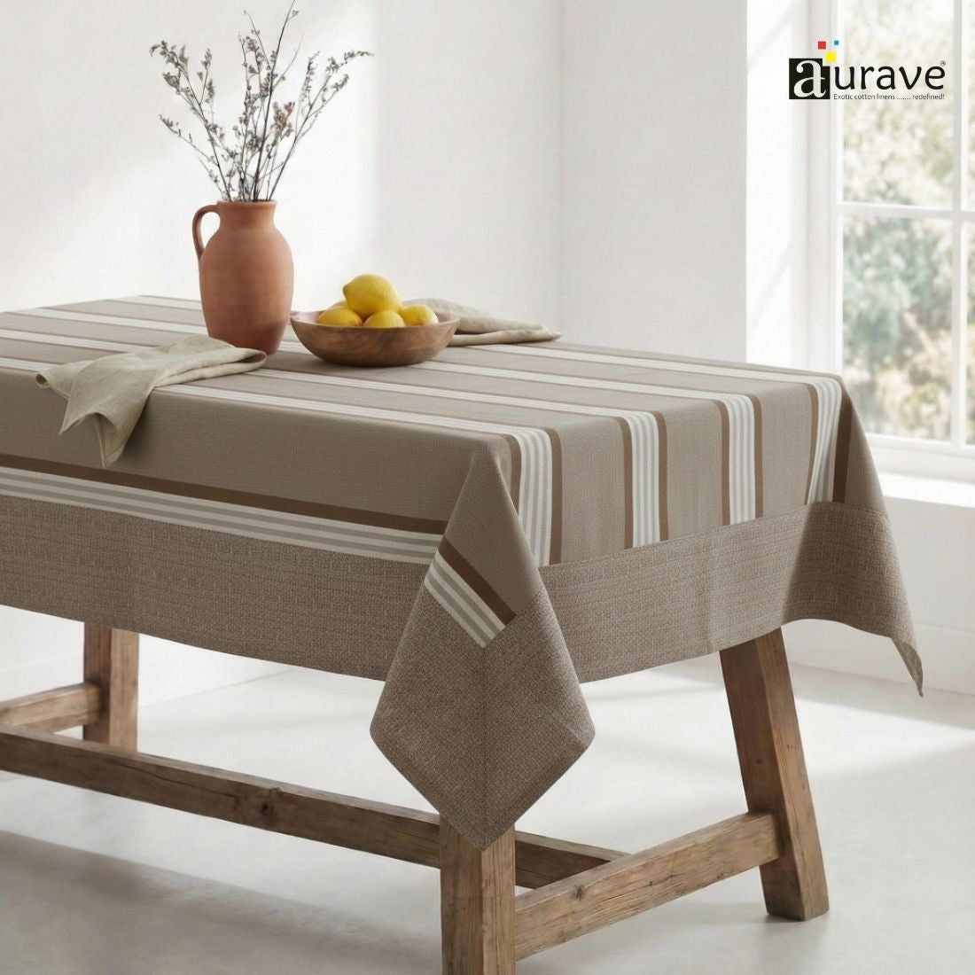 ALPHA Woven Cotton Stripes 1 Pc Table Cover - Khaki