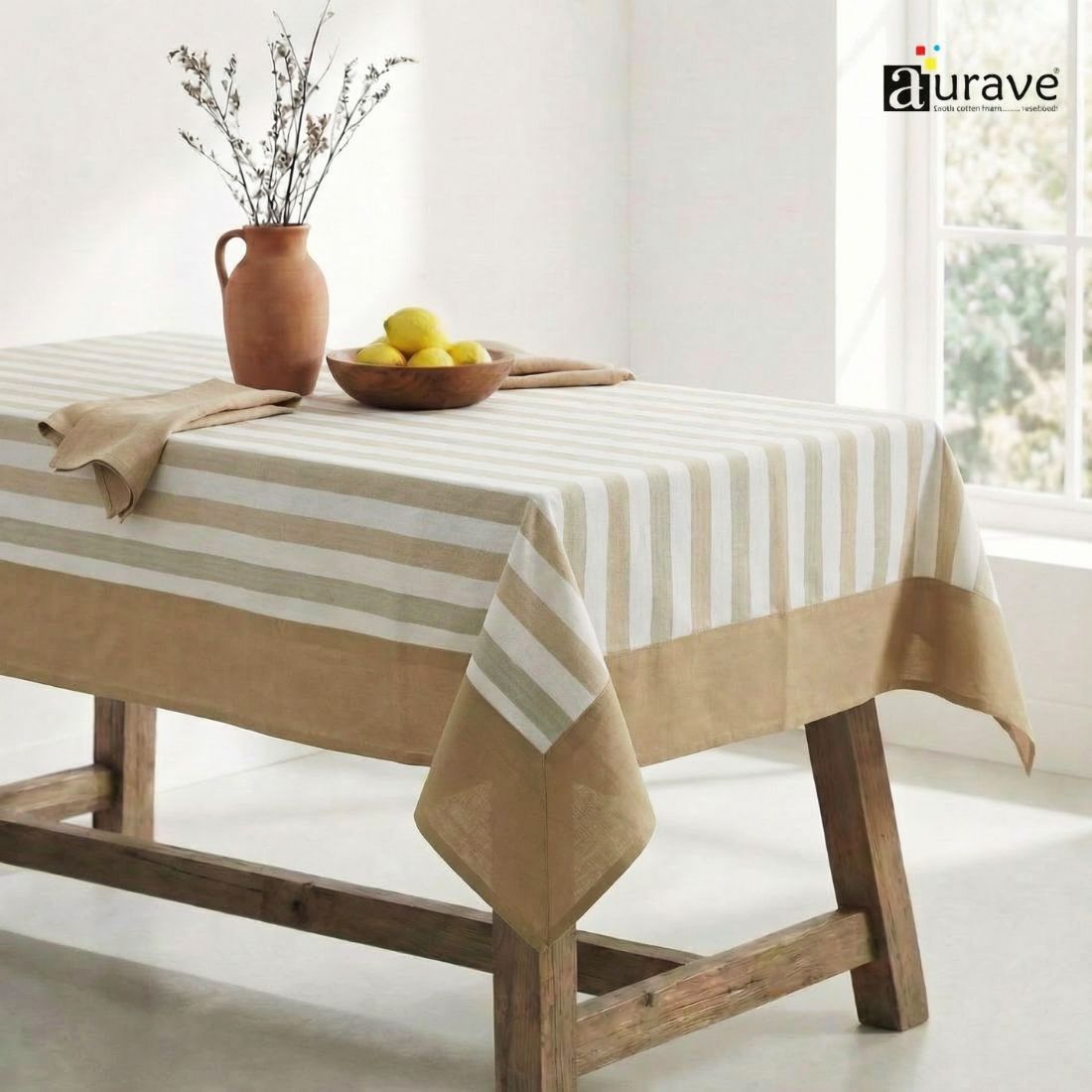 ALPHA Woven Cotton Stripes 1 Pc Table Cover - Beige