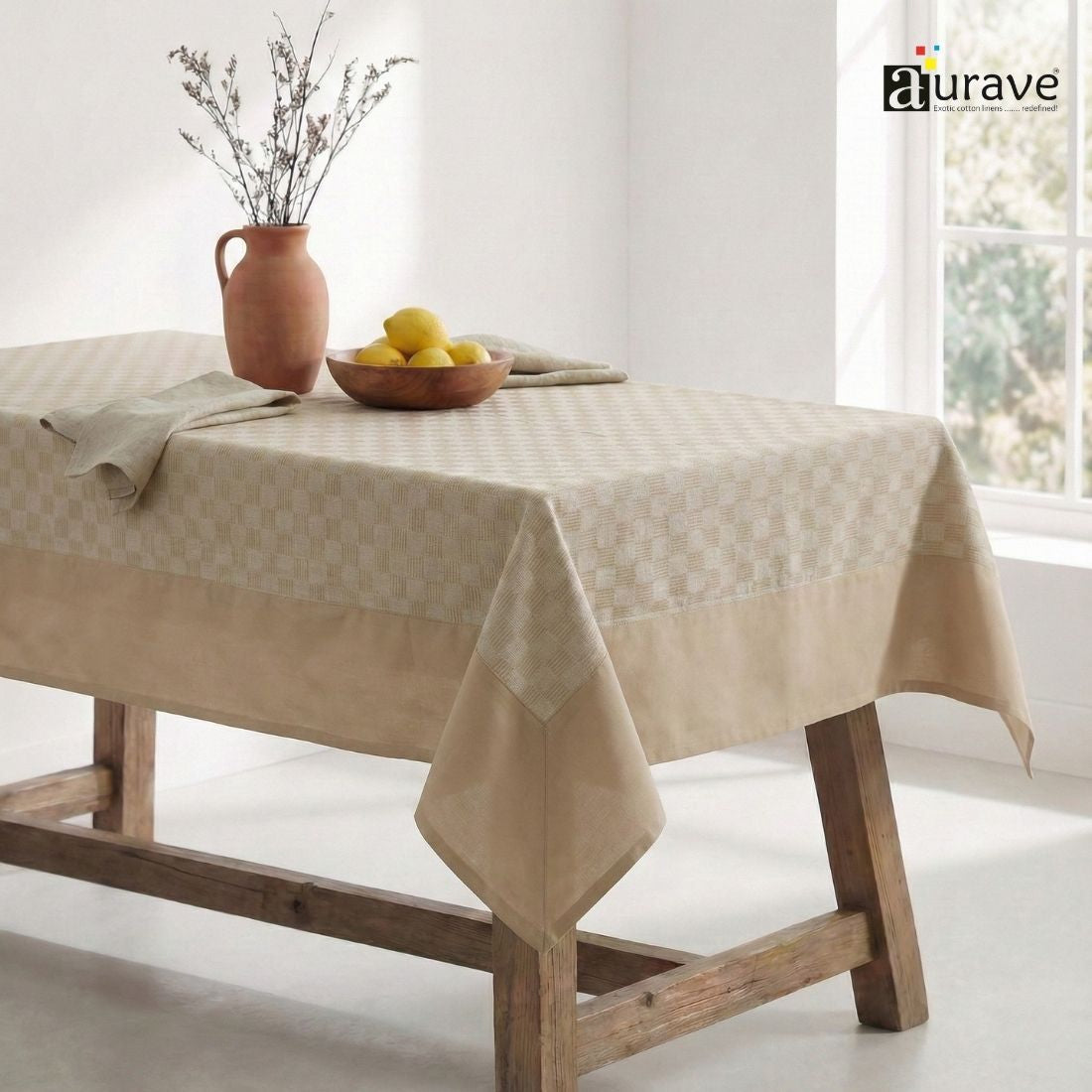 ALPHA Woven Cotton Check 1 Pc Table Cover - Beige