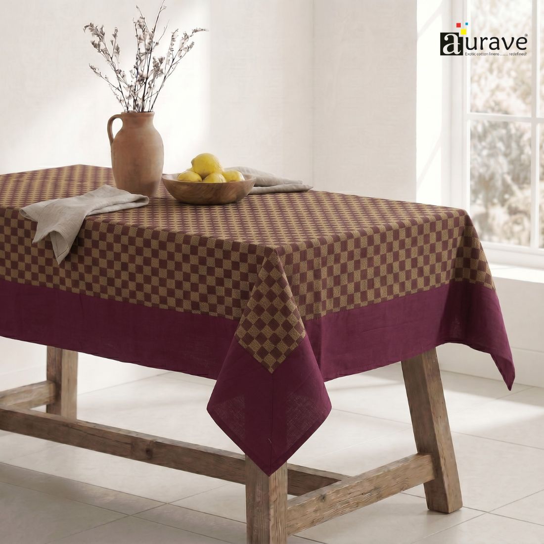 ALPHA Woven Cotton Check 1 Pc Table Cover - Purple
