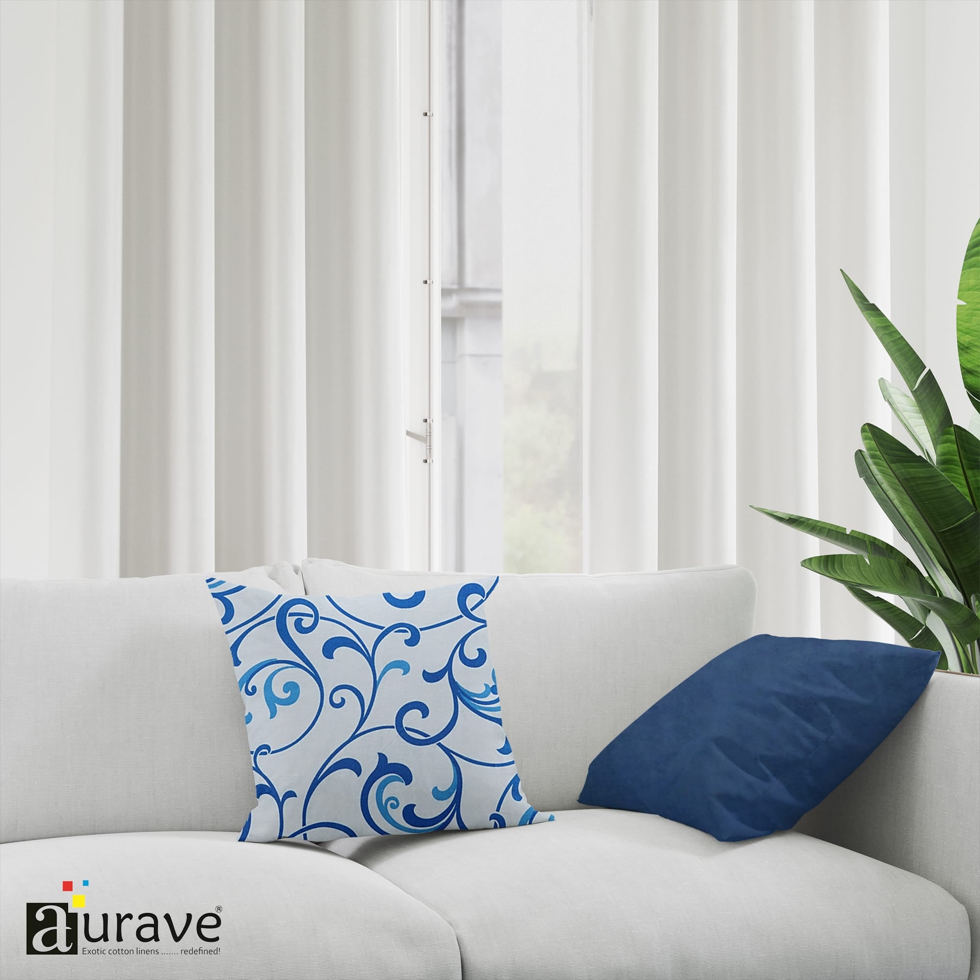 Printed Floral Cotton Cushion Cover set - Blue