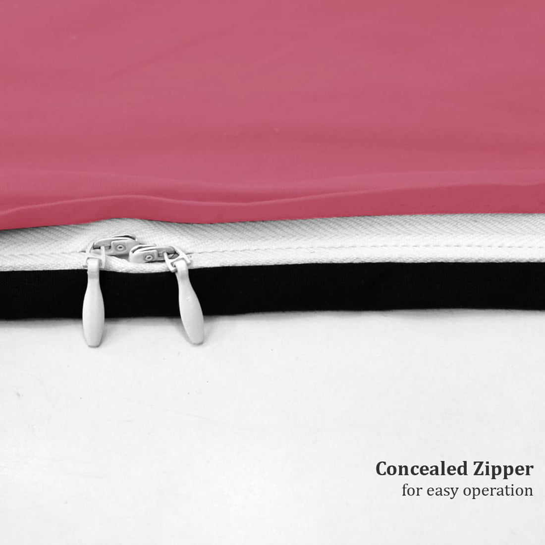 Concealed zipper on a pink and white bag with text 'Concealed Zipper for easy operation'.