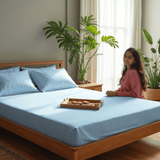 Pinstripe Cotton Satin 400 TC Fitted Bedsheet with Pillow Covers - Sky