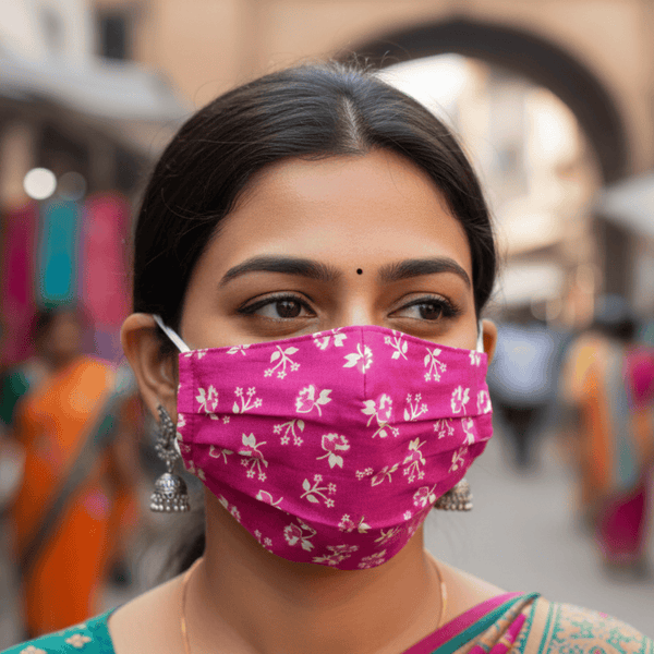 Woman wearing pink cotton pleated face mask