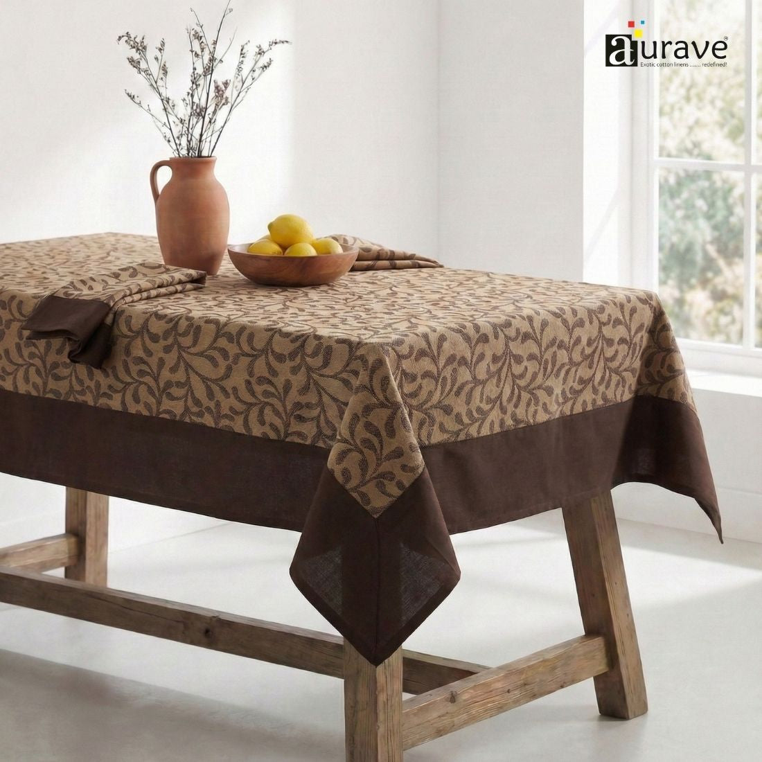 ALPHA Woven Cotton Floral 1 Pc Table Cover -  Brown