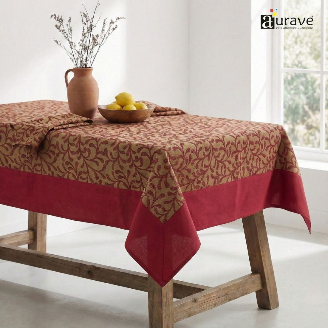 ALPHA Woven Cotton Floral 1 Pc Table Cover -  Maroon