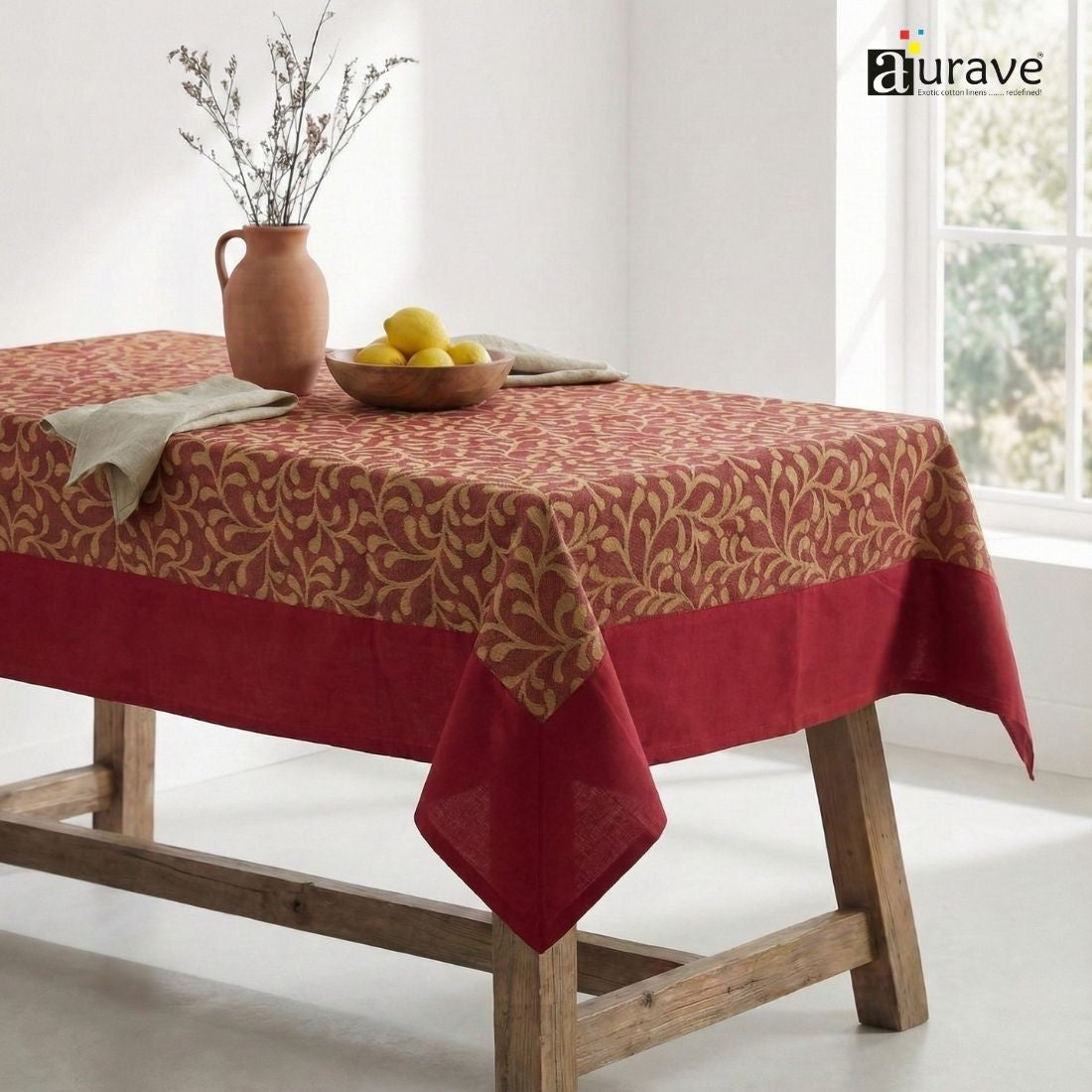 ALPHA Woven Cotton Floral 1 Pc Table Cover - Maroon