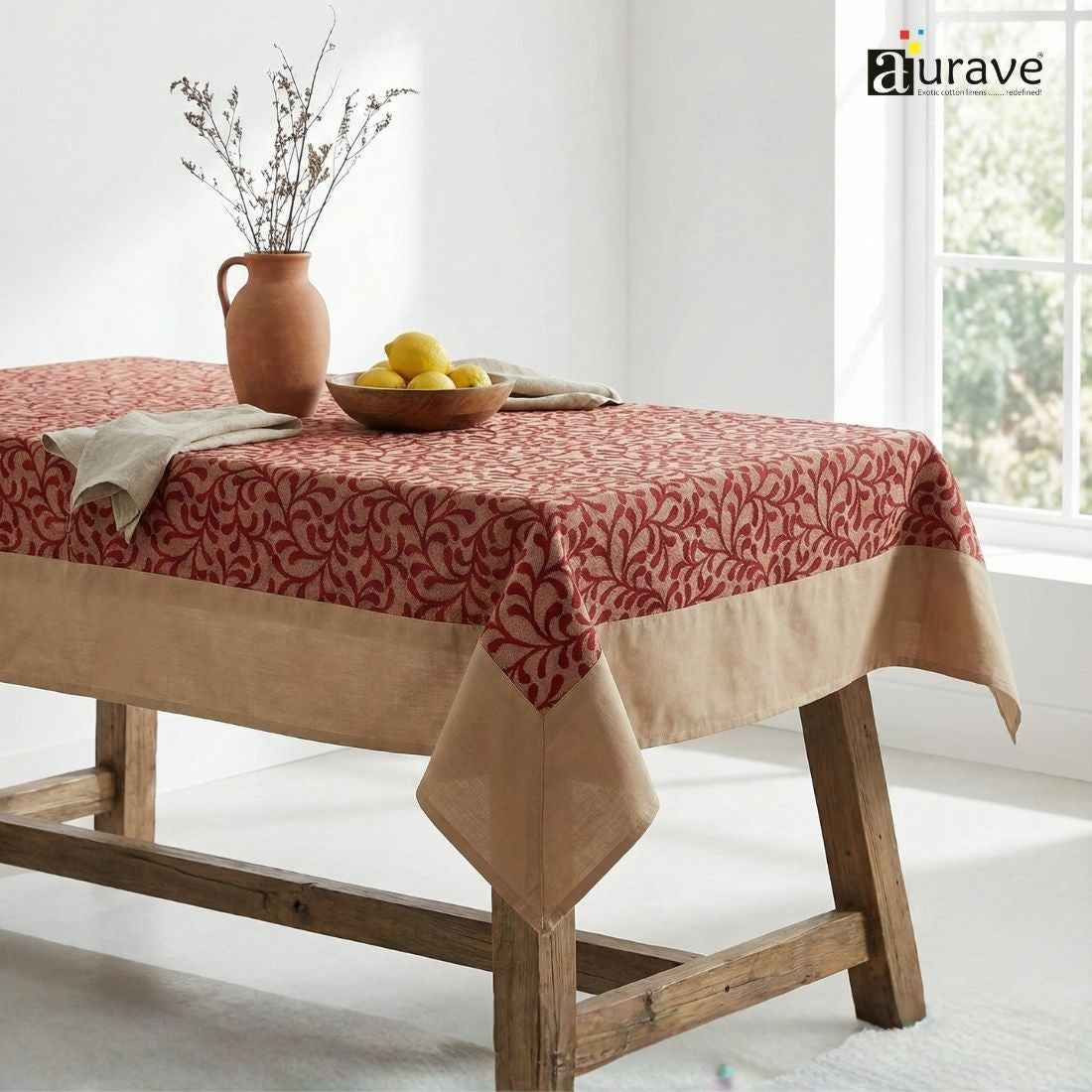 ALPHA Woven Cotton Floral 1 Pc Table Cover - Maroon