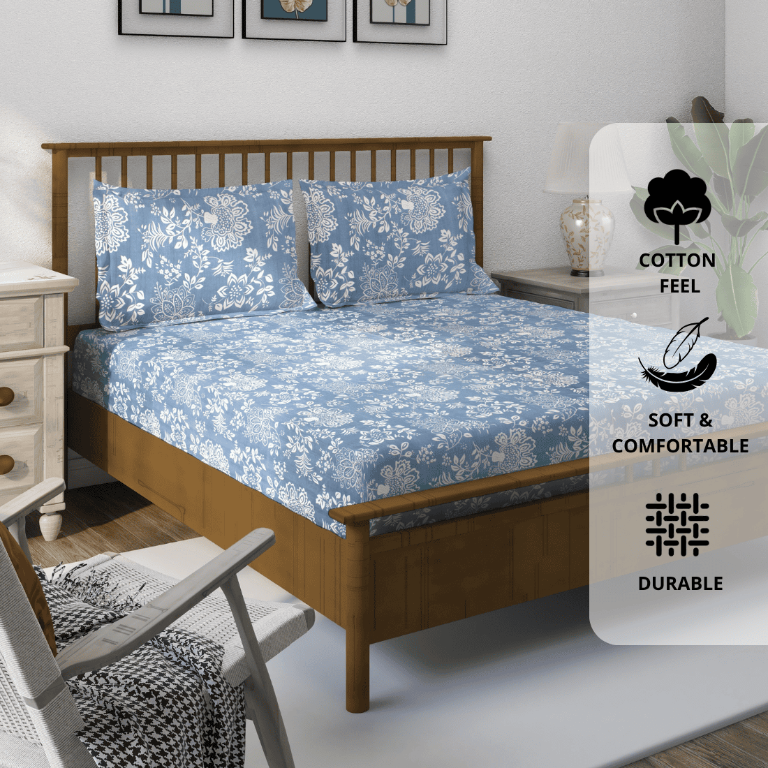 Blue floral 210 TC cotton flat bedsheet with pillow covers on a wooden bed, 