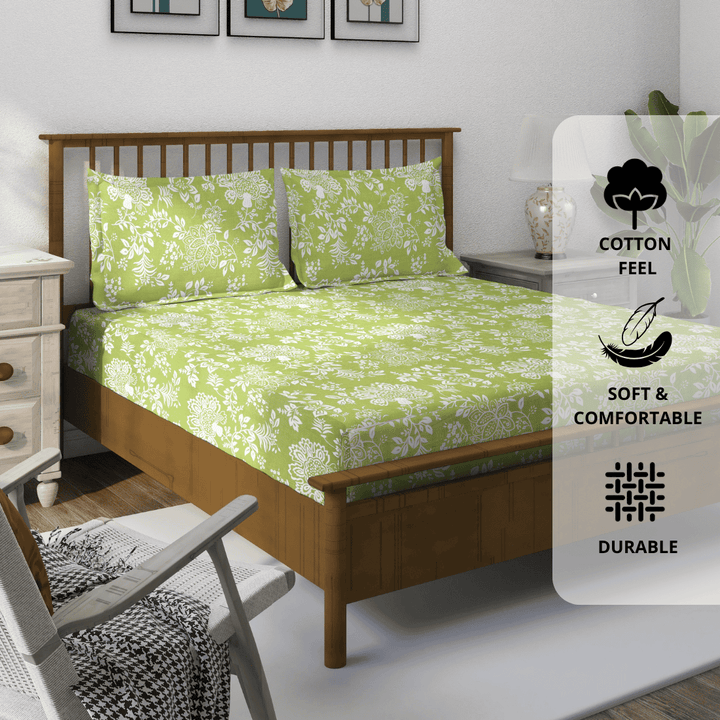 Green Floral 210 TC flat bedsheet with pillow covers