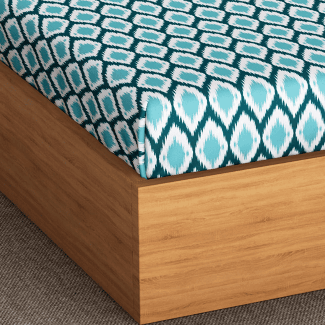 Soft Ikat Print 144 TC Cotton Fitted Bedsheet In Aqua At Best Prices