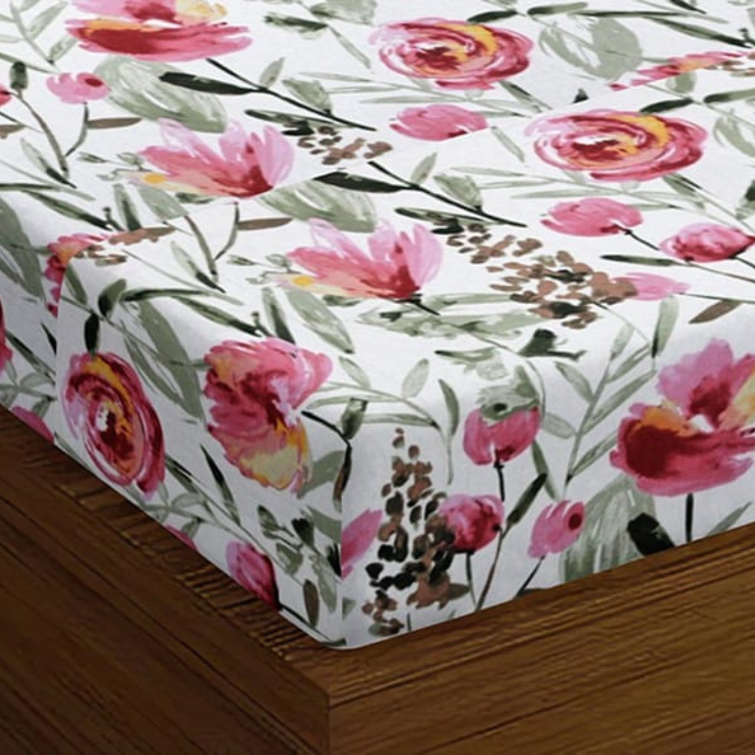 Soft Floral Print 144 TC Cotton Fitted Bedsheet In Magenta At Best Prices