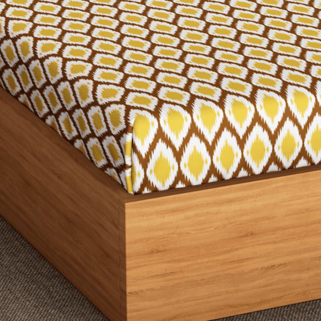 Soft Cotton Ikat Print 144 TC Cotton Fitted Bedsheet In Mustard At Best Prices