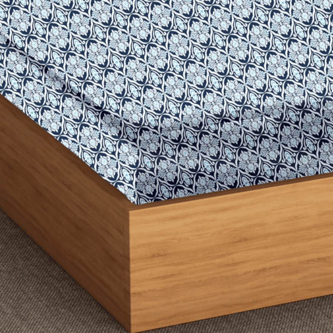 Soft Cotton Ikat Print 144 TC Fitted Bedsheet In Navy Blue At Best Prices