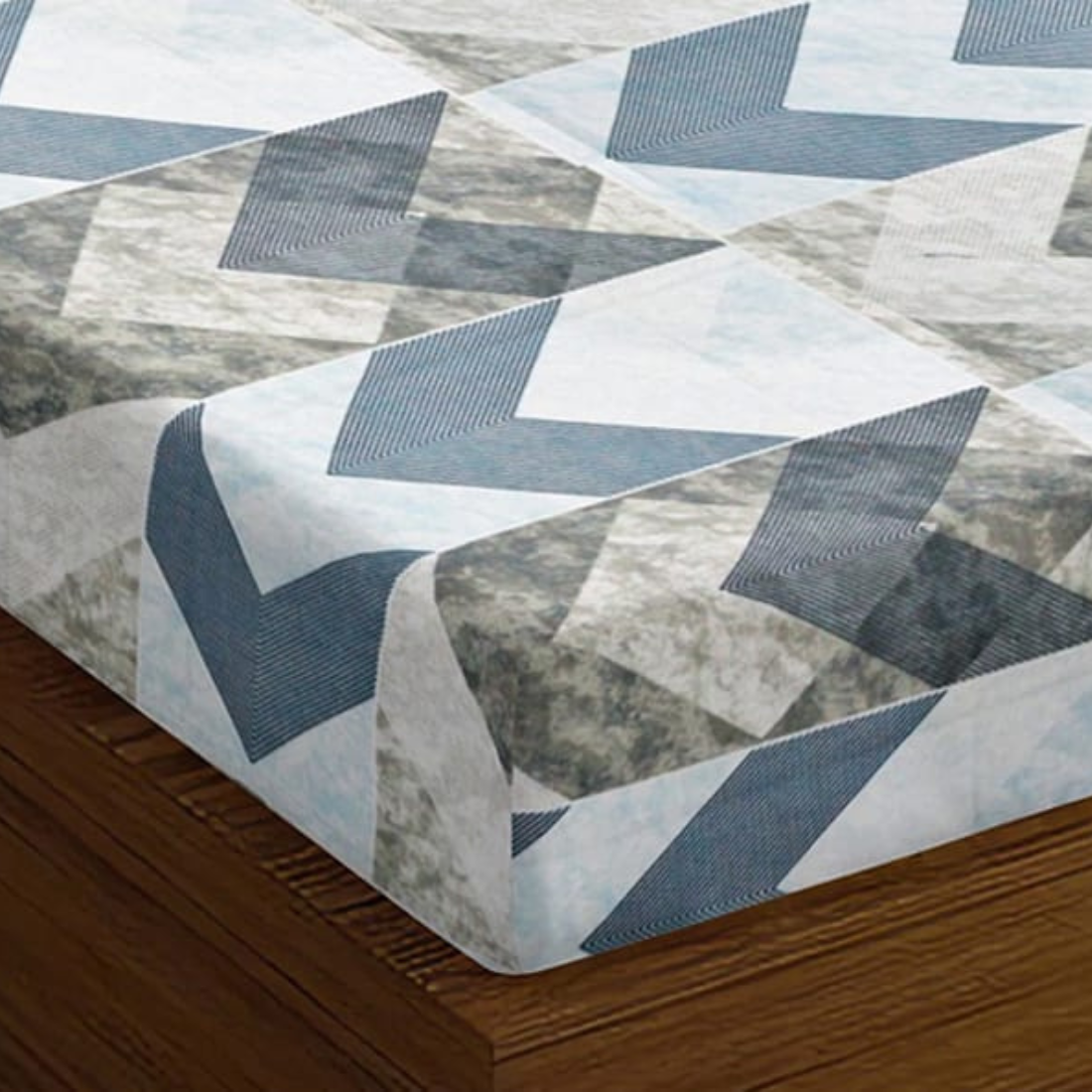 Soft Cotton Geometrical Print 144 TC Fitted Bedsheet In Blue At Best Prices