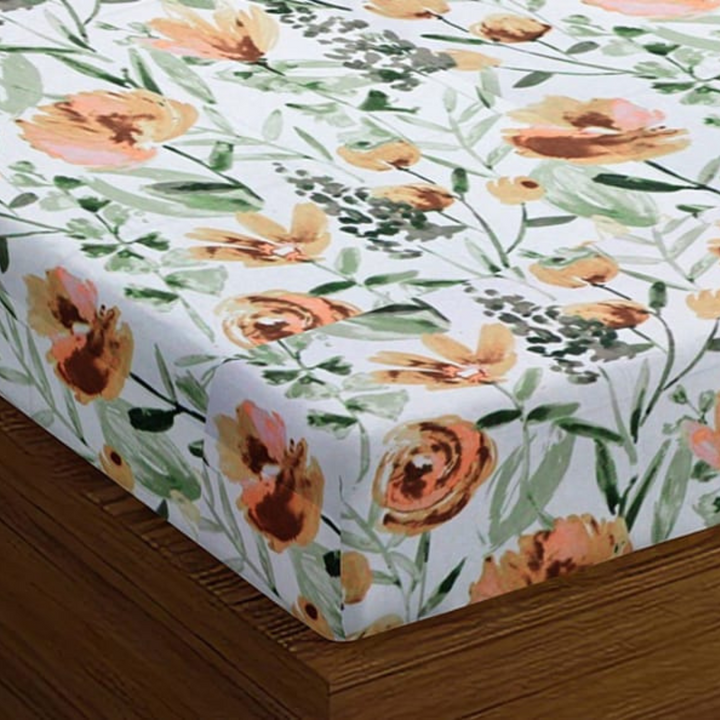 Soft Floral Print 144 TC Cotton Fitted Bedsheet In Brown At Best Prices