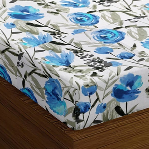 Soft Floral Print 144 TC Cotton Fitted Bedsheet In Blue At Best Prices